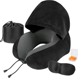 100% Pure Memory Foam Hooded Travel Neck Pillow, Upgraded Neck Support for Flight Headrest Sleep, Portable Travel Kit with 3D Contoured Eyemask, Black