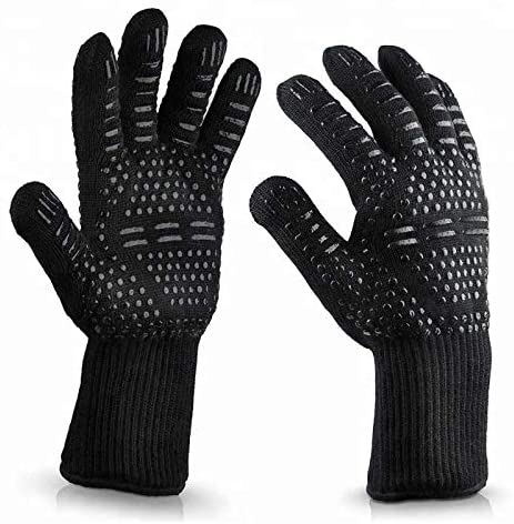 1 Pair BBQ Grill Gloves Heat Resistant Kitchen Oven Pot Holder Silicone Non-Slip Glove for Cooking, Barbecue, Baking, Welding, Fireplace, Cutting and Outdoor Camping (Black)