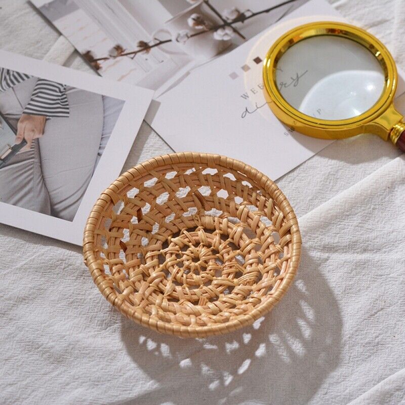 L Rattan Wicker Woven Storage Basket Fruit Bread Serving Tray Container Kitchen