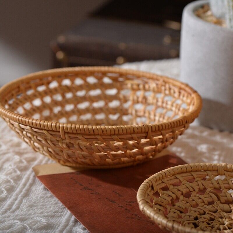 S Rattan Wicker Woven Storage Basket Fruit Bread Serving Tray Container Kitchen