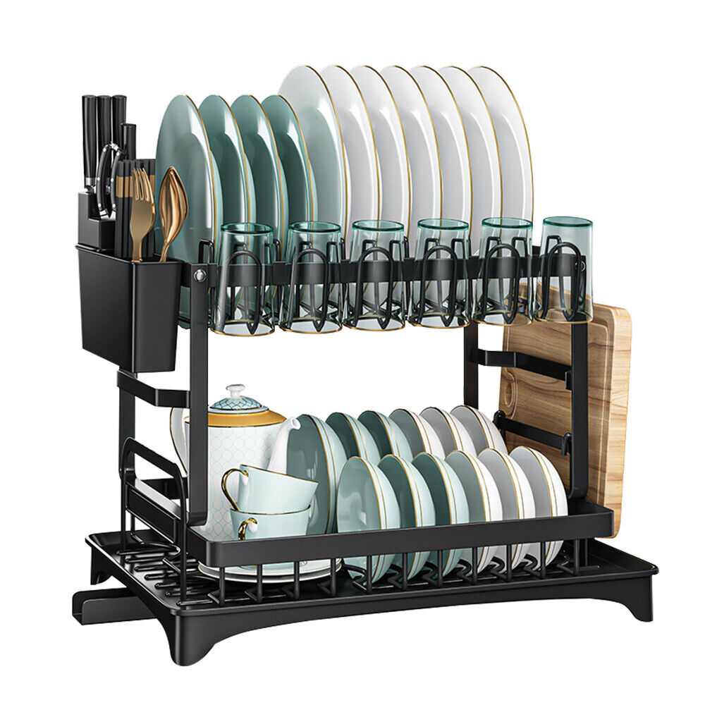 2 Tier Kitchen Dish Rack Drying Drainer Tray Cutlery Holder Storage Organiser
