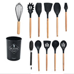 Set of 12 Silicone Utensils Set Wooden Cooking Kitchen Baking Cookware