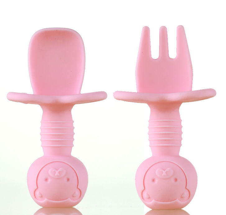 PINK Baby Spoon & Fork Toddler Utensils Self Feeding Training Silicone Cutlery Sets