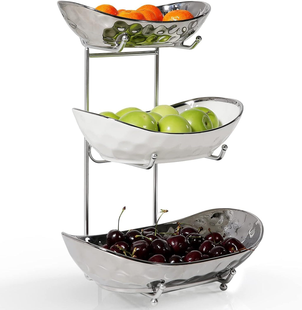 Fruit Bowl, 3 Tier Ceramic Fruit Basket, Serving Stand Serving Bowl with Metal Rack, Porcelain Kitchen Bowls