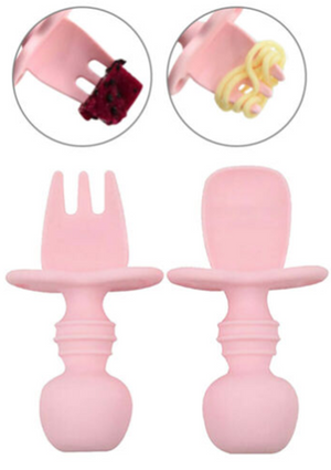 PINK Baby Spoon & Fork Toddler Utensils Self Feeding Training Silicone Cutlery Sets