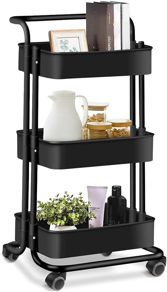 Black 3 Tier Kitchen Bathroom Trolley Cart Steel Storage Rack Shelf Organizer Wheels