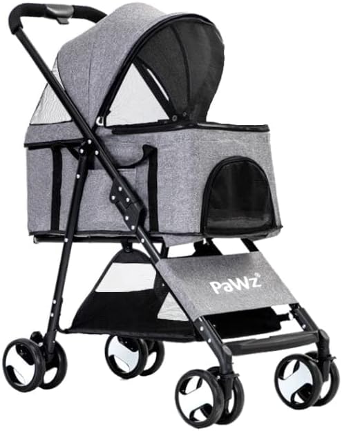 Travel Pushchair Foldable Pram 4 Wheels Grey,  Dog Cat Trolley, Detachable Design Baby Pet Travel Stroller, Removable and Washable Padded