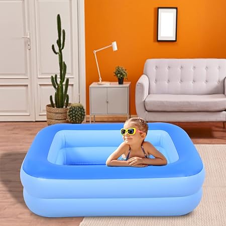 Inflatable Kiddie Pool, 45" x 35" X 14" Blue Kids Swimming Pool Summer Water Fun Bathtub with Inflatable Soft Floor