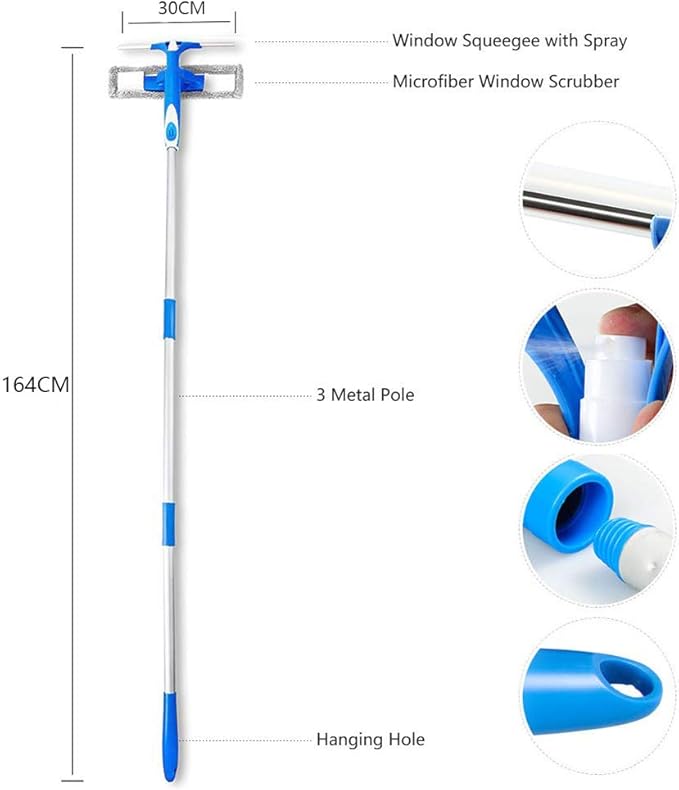 3-in-1 Squeegee Window Cleaner with Spray Head, 132cm Extension Pole, All Purpose Outdoor Glass Cleaning Kits for Shower, Car and High Windows