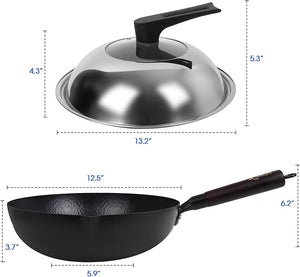 12.5 Inch Carbon Steel Wok for Electric, Induction and Gas Stoves (Lid)