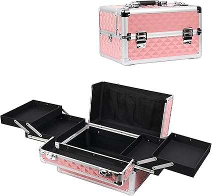 Makeup Storage Box, Portable Travel Cosmetic Case 4 Trays for Makeup Artist, Nail Kit, Tools - Pink