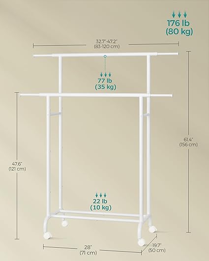 Clothes rack with wheels, double rail, extendable clothes rail, coat rack made of steel pipe, rattan white
