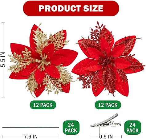 24Pcs Christmas Tree Decorations Poinsettias Artificial Christmas Flowers Christmas Ornaments 5.5 Inch