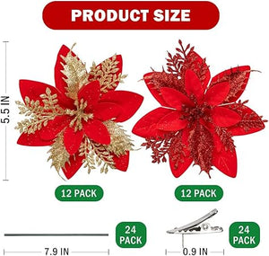 24Pcs Christmas Tree Decorations Poinsettias Artificial Christmas Flowers Christmas Ornaments 5.5 Inch