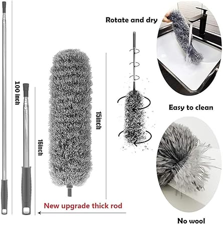 Duster 100inch Thickening Telescopic Rod,Bendable & Washable Microfiber Feather Dusters (Grey-1)