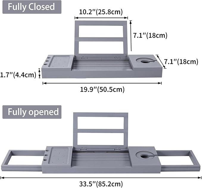 Bamboo Bathtub Tray Caddy for Tub, Adjustable Bath Tray Gray, Bathroom Organizer with Book Tablet Wine Glass Cup Towel Holder