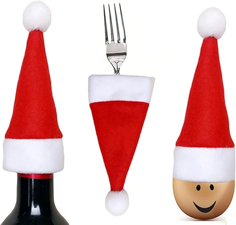 10 Pcs Christmas Santa Hats Silverware Holders Wine Bottle Cover, MH MOIHSING Christmas Cutlery Holders for Xmas Party Dinner Table Dinnerware Decorations and Flatware Organizers Decor Supplies