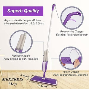 Microfiber Spray Mop Wet Dry Kitchen Floor Cleaning Mop with 2 Refillable Bottle 360°Rotatable Hardwood Mop for Laminate Wood Tiles 3 Reusable Pads and 1 Scrubber