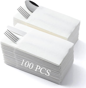 100 pcs Premium White Pocket Napkins Disposable Linen Feel Built in Flatware Dinner Napkins for Reception Wedding Christmas