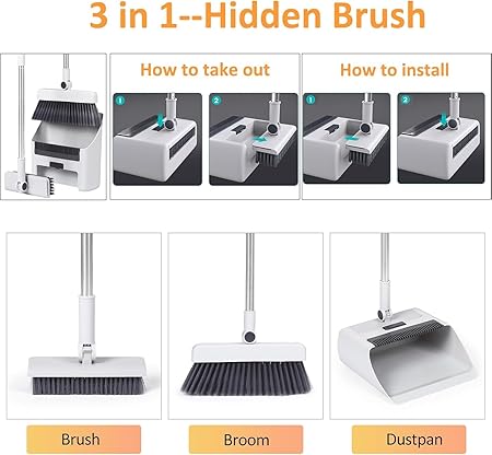 Broom and Dustpan Set，Brooms for Sweeping Indoor and Outdoor 3 in 1 Long Handle Broom with Dustpan Combo Set Push Broom Heavy