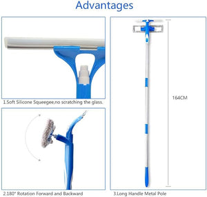 3-in-1 Squeegee Window Cleaner with Spray Head, 132cm Extension Pole, All Purpose Outdoor Glass Cleaning Kits for Shower, Car and High Windows