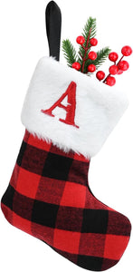 7inch Personalised Xmas Stockings Red Scotland Plaid Classic Christmas Stockings with Letters Faux Fur Plush Cuff Hanging Stockings for Xmas Decoration (A)