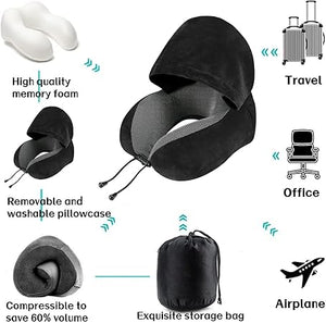 100% Pure Memory Foam Hooded Travel Neck Pillow, Upgraded Neck Support for Flight Headrest Sleep, Portable Travel Kit with 3D Contoured Eyemask, Black