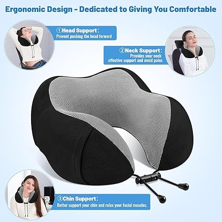 Travel Pillow - Detachable & Supportive Memory Foam Neck Pillow for Airplane, Car, Home - Best Travel Accessories for Sleeping & Rest - Black