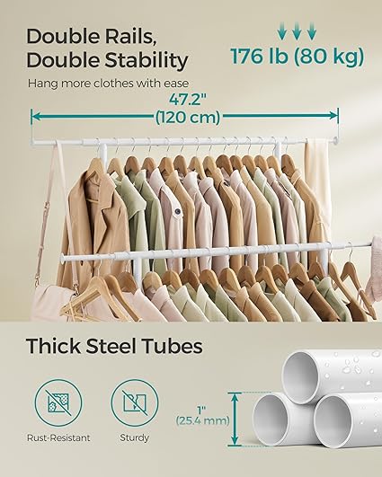 Clothes rack with wheels, double rail, extendable clothes rail, coat rack made of steel pipe, rattan white