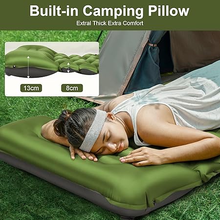 Self Inflating Camping Mattress with Pillow, Lightweight Inflatable Camping Mat Bed Hiking Mat Air Mattress Built Pump for Camping