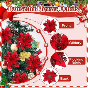 24Pcs Christmas Tree Decorations Poinsettias Artificial Christmas Flowers Christmas Ornaments 5.5 Inch