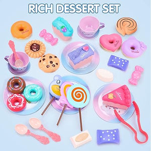 Unicorn Toys for Girls,48 PCS Kids Tea Set for Kids,Pretend Toy W/ Play Desserts,Tin Teapot,Educational Play Food Princess Toy Gift