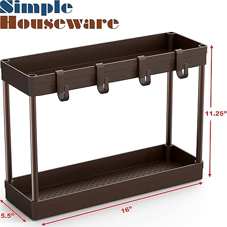 2-Tier Under Sink Narrow Organizer Storage Tray with Hooks, Brown