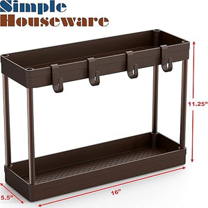 2-Tier Under Sink Narrow Organizer Storage Tray with Hooks, Brown