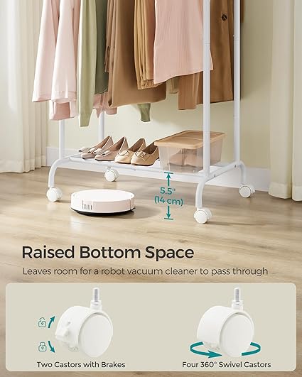 Clothes rack with wheels, double rail, extendable clothes rail, coat rack made of steel pipe, rattan white