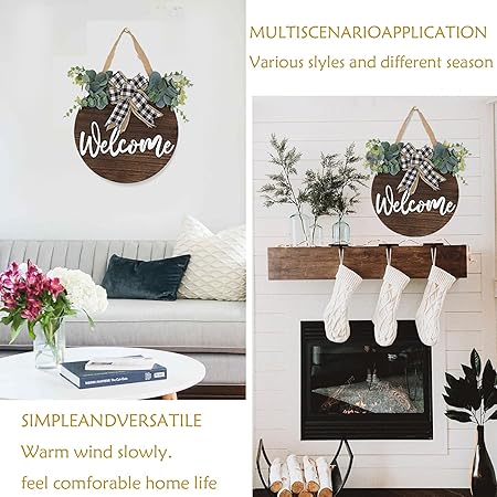 1 PCS Wooden Welcome Plate Double Bow Decorative Wreath Logo Home Decoration,Outdoor Hanging Decoration