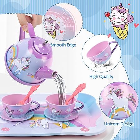 Unicorn Toys for Girls,48 PCS Kids Tea Set for Kids,Pretend Toy W/ Play Desserts,Tin Teapot,Educational Play Food Princess Toy Gift