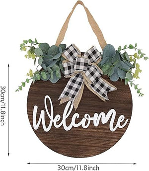 1 PCS Wooden Welcome Plate Double Bow Decorative Wreath Logo Home Decoration,Outdoor Hanging Decoration