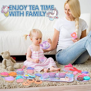 Unicorn Toys for Girls,48 PCS Kids Tea Set for Kids,Pretend Toy W/ Play Desserts,Tin Teapot,Educational Play Food Princess Toy Gift