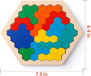 Wooden Hexagon Puzzle for Kid Adults - Shape Block Tangram Brain Teaser Toy Geometry Logic IQ Game STEM Montessori Educational Ages 3+ Challenge