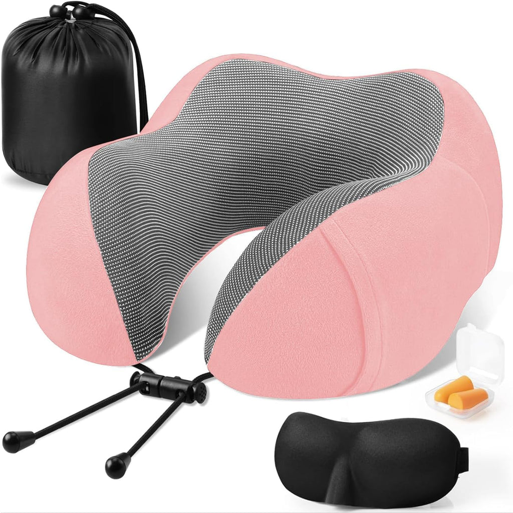 Travel Pillow - Detachable & Supportive Memory Foam Neck Pillow for Airplane, Car, Home - Best Travel Accessories for Sleeping & Rest - Pink