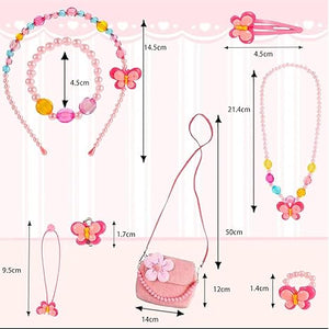 Children's Jewelry Little Girl Plush Handbag Necklace Bracelet Ring Hair Clip Set, Princess Party Clothing Jewelry Party Favorite Dressing Pretend Game Gift