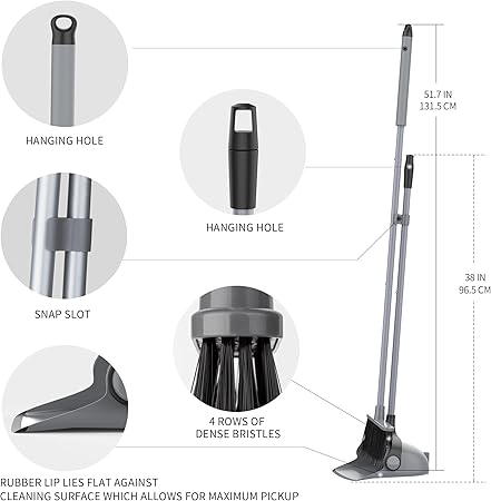 Broom and Dustpan Set with Long Handle, Upright Broom and Dustpan Combo for Floor Cleaning, Lobby Broom with Adjustable Handle, Gray