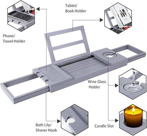 Bamboo Bathtub Tray Caddy for Tub, Adjustable Bath Tray Gray, Bathroom Organizer with Book Tablet Wine Glass Cup Towel Holder