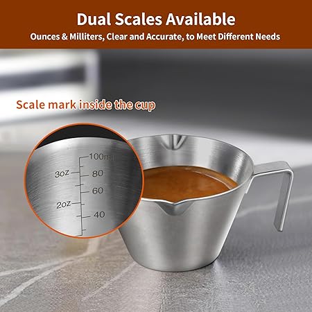 Double Spout Metal Measuring Cup with Dual Scale Stainless Steel , Espresso Shots Cup with Handle, Coffee Bean Weighing (Matte Black),3.4OZ/100ML