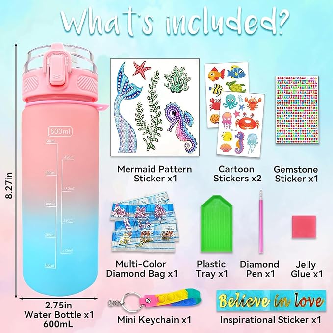 Decorate Your Own Water Bottle Kits for 3 4 5 6 7 8 Year Old Girls, Mermaid Toys Painting Crafts,(Mermaid 600ml)