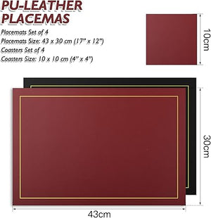 Placemats and Coasters Set of 4, PU leather Heat-Resistant Table Mats Non-Slip Washable Place Table Mats (Black Red)