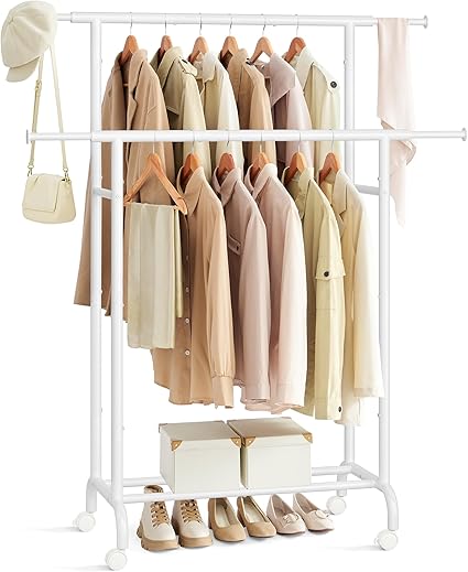 Clothes rack with wheels, double rail, extendable clothes rail, coat rack made of steel pipe, rattan white