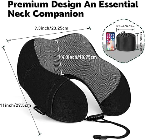 100% Pure Memory Foam Hooded Travel Neck Pillow, Upgraded Neck Support for Flight Headrest Sleep, Portable Travel Kit with 3D Contoured Eyemask, Black