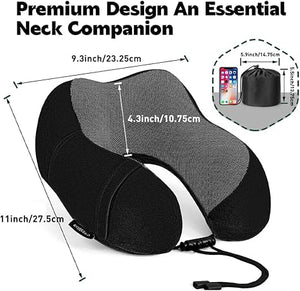 100% Pure Memory Foam Hooded Travel Neck Pillow, Upgraded Neck Support for Flight Headrest Sleep, Portable Travel Kit with 3D Contoured Eyemask, Black